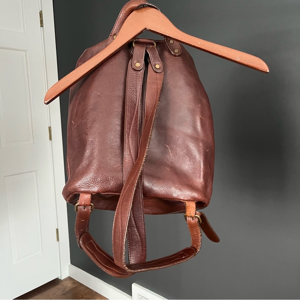 Vintage 90s Genuine Leather Backpack Rucksack Cognac Brown Slouchy Unisex - Picture 6 of 11